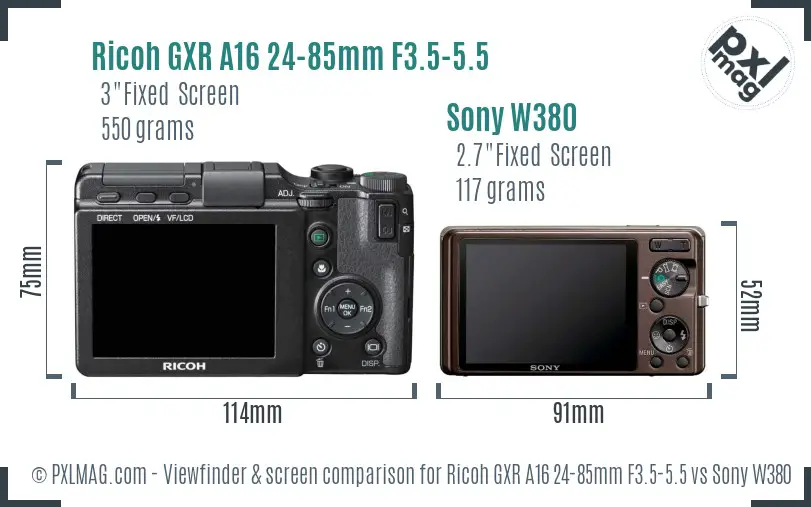 Ricoh GXR A16 24-85mm F3.5-5.5 vs Sony W380 Screen and Viewfinder comparison