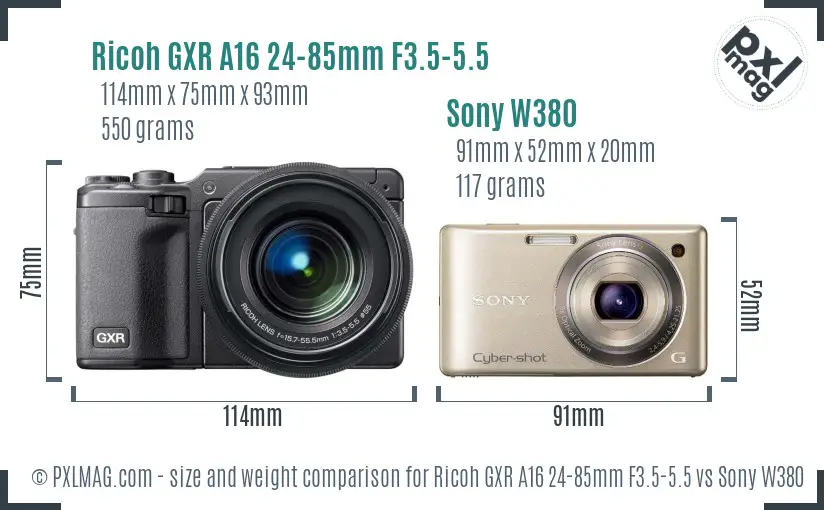 Ricoh GXR A16 24-85mm F3.5-5.5 vs Sony W380 size comparison
