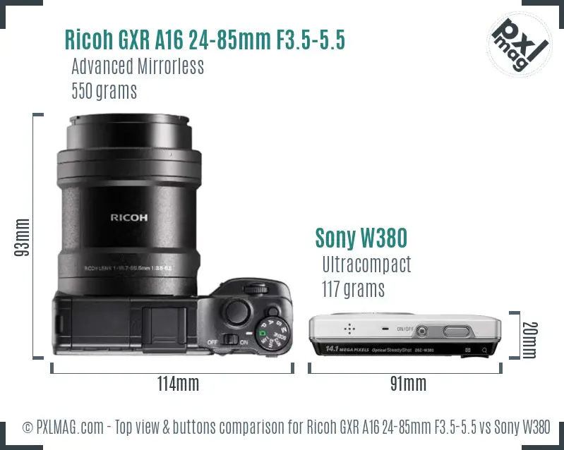 Ricoh GXR A16 24-85mm F3.5-5.5 vs Sony W380 top view buttons comparison