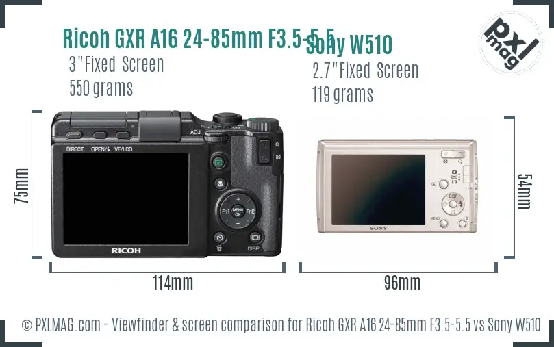 Ricoh GXR A16 24-85mm F3.5-5.5 vs Sony W510 Screen and Viewfinder comparison