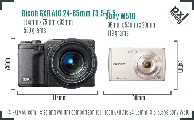 Ricoh GXR A16 24-85mm F3.5-5.5 vs Sony W510 size comparison