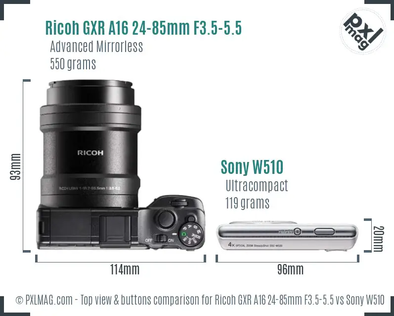 Ricoh GXR A16 24-85mm F3.5-5.5 vs Sony W510 top view buttons comparison
