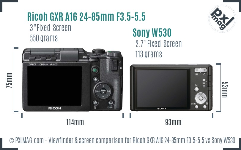 Ricoh GXR A16 24-85mm F3.5-5.5 vs Sony W530 Screen and Viewfinder comparison