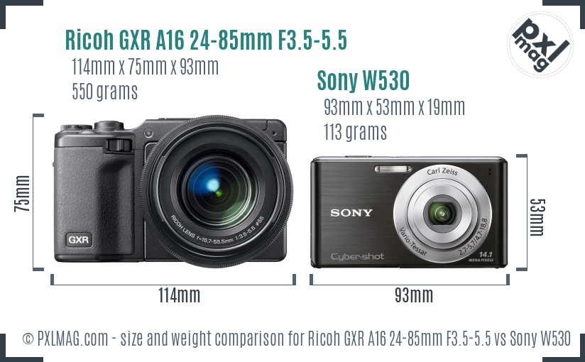 Ricoh GXR A16 24-85mm F3.5-5.5 vs Sony W530 size comparison