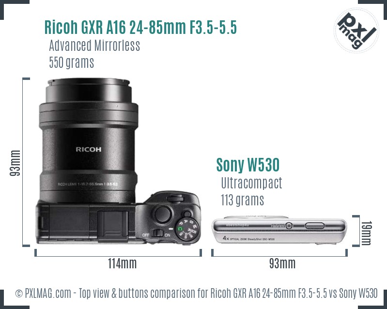 Ricoh GXR A16 24-85mm F3.5-5.5 vs Sony W530 top view buttons comparison