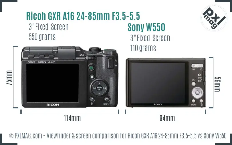 Ricoh GXR A16 24-85mm F3.5-5.5 vs Sony W550 Screen and Viewfinder comparison