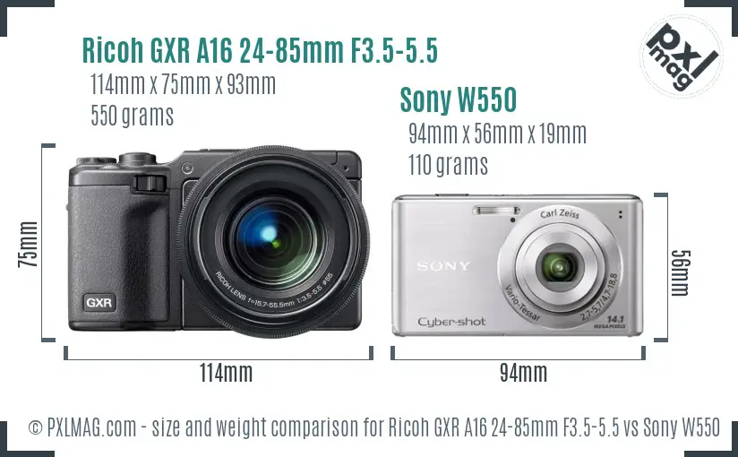 Ricoh GXR A16 24-85mm F3.5-5.5 vs Sony W550 size comparison