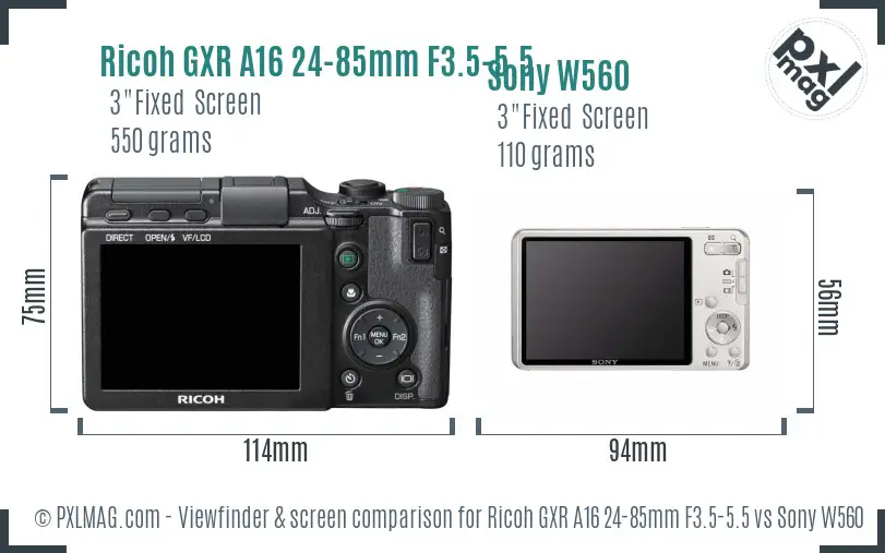 Ricoh GXR A16 24-85mm F3.5-5.5 vs Sony W560 Screen and Viewfinder comparison