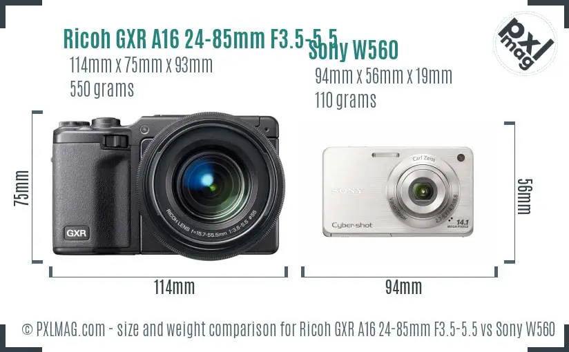 Ricoh GXR A16 24-85mm F3.5-5.5 vs Sony W560 size comparison