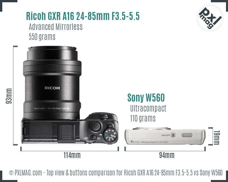 Ricoh GXR A16 24-85mm F3.5-5.5 vs Sony W560 top view buttons comparison