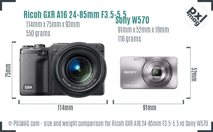 Ricoh GXR A16 24-85mm F3.5-5.5 vs Sony W570 size comparison