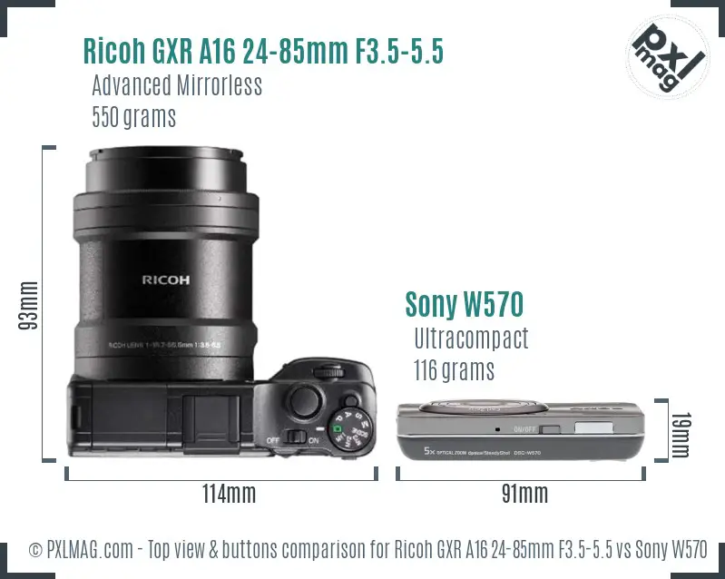 Ricoh GXR A16 24-85mm F3.5-5.5 vs Sony W570 top view buttons comparison