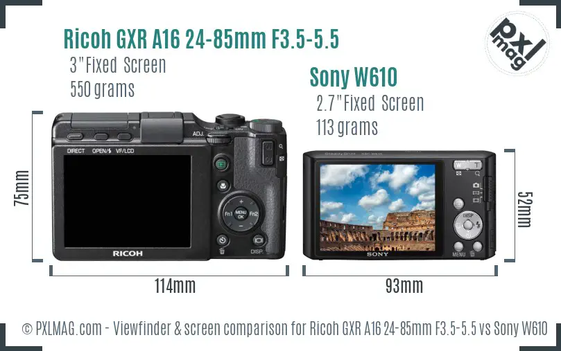 Ricoh GXR A16 24-85mm F3.5-5.5 vs Sony W610 Screen and Viewfinder comparison