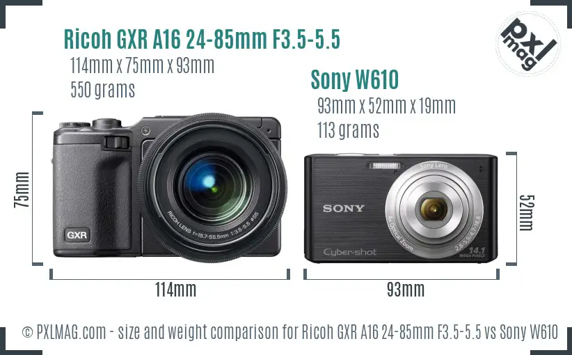 Ricoh GXR A16 24-85mm F3.5-5.5 vs Sony W610 size comparison