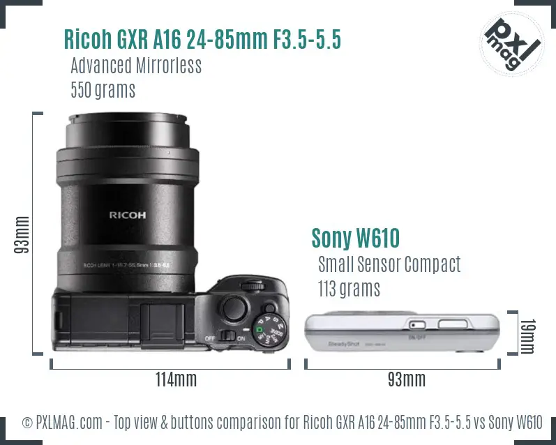 Ricoh GXR A16 24-85mm F3.5-5.5 vs Sony W610 top view buttons comparison