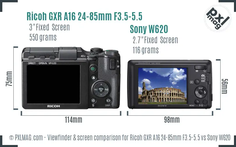 Ricoh GXR A16 24-85mm F3.5-5.5 vs Sony W620 Screen and Viewfinder comparison
