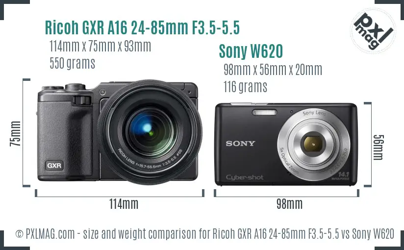 Ricoh GXR A16 24-85mm F3.5-5.5 vs Sony W620 size comparison