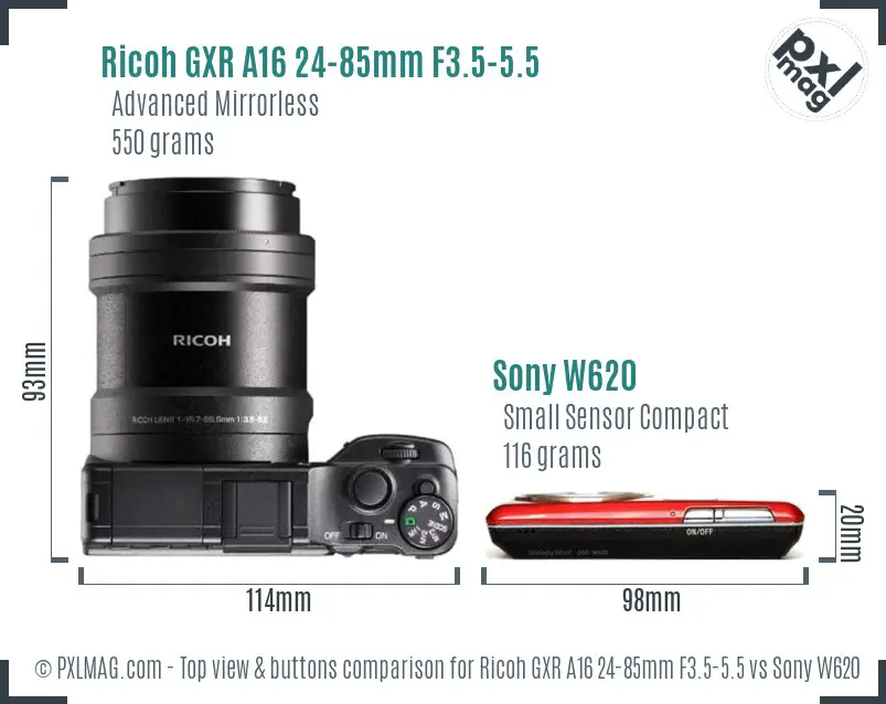 Ricoh GXR A16 24-85mm F3.5-5.5 vs Sony W620 top view buttons comparison
