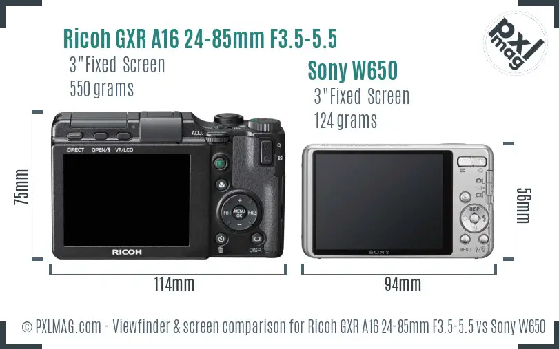 Ricoh GXR A16 24-85mm F3.5-5.5 vs Sony W650 Screen and Viewfinder comparison