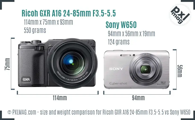 Ricoh GXR A16 24-85mm F3.5-5.5 vs Sony W650 size comparison
