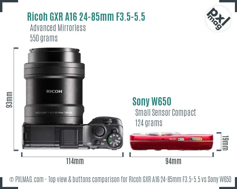 Ricoh GXR A16 24-85mm F3.5-5.5 vs Sony W650 top view buttons comparison