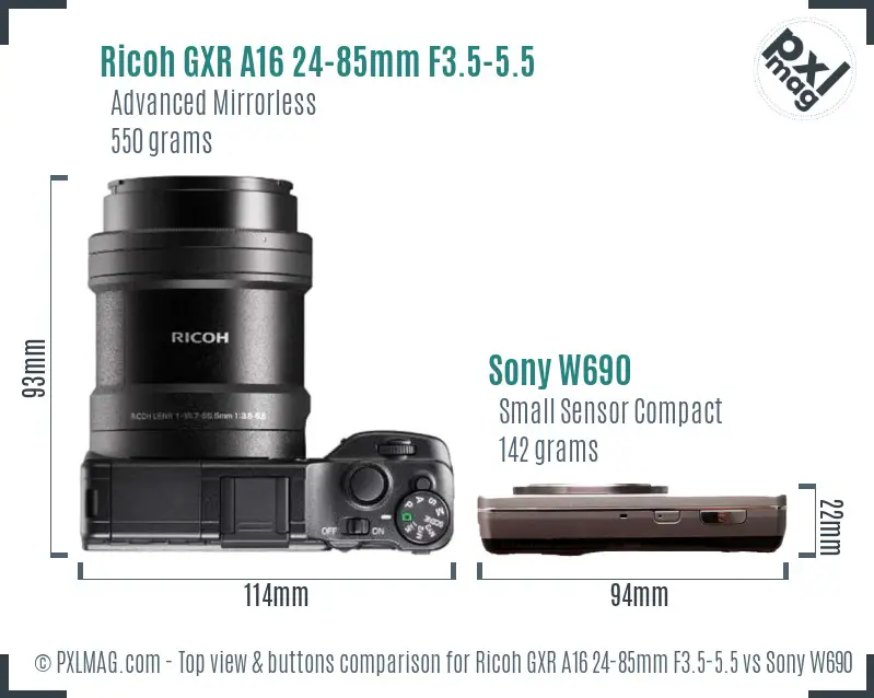 Ricoh GXR A16 24-85mm F3.5-5.5 vs Sony W690 top view buttons comparison Ricoh GXR A16 24-85mm F3.5-5.5 vs Sony W690 top view buttons comparison