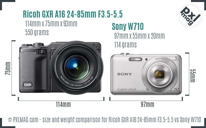 Ricoh GXR A16 24-85mm F3.5-5.5 vs Sony W710 size comparison