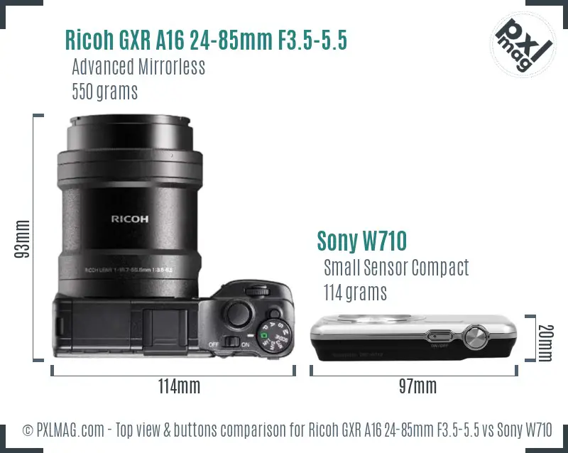 Ricoh GXR A16 24-85mm F3.5-5.5 vs Sony W710 top view buttons comparison