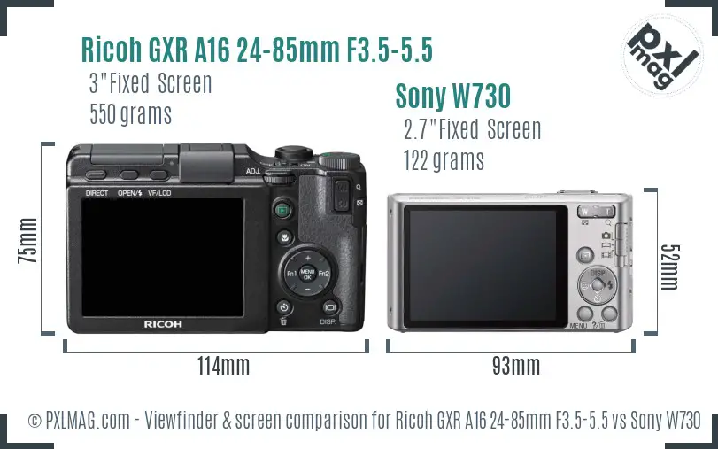 Ricoh GXR A16 24-85mm F3.5-5.5 vs Sony W730 Screen and Viewfinder comparison