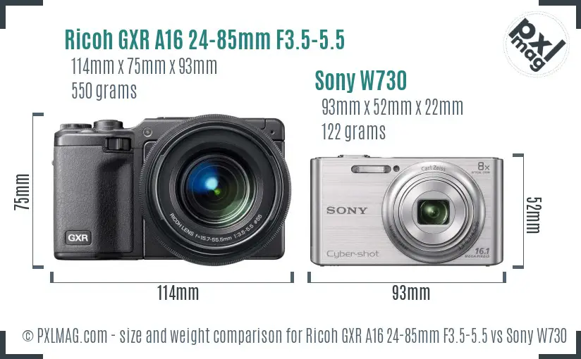 Ricoh GXR A16 24-85mm F3.5-5.5 vs Sony W730 size comparison