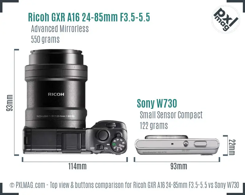 Ricoh GXR A16 24-85mm F3.5-5.5 vs Sony W730 top view buttons comparison