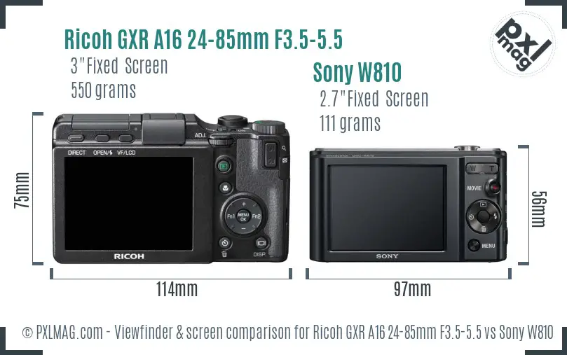 Ricoh GXR A16 24-85mm F3.5-5.5 vs Sony W810 Screen and Viewfinder comparison