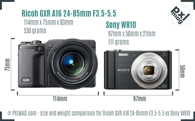 Ricoh GXR A16 24-85mm F3.5-5.5 vs Sony W810 size comparison