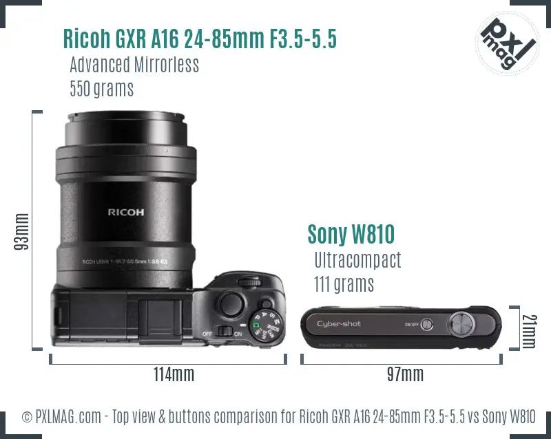 Ricoh GXR A16 24-85mm F3.5-5.5 vs Sony W810 top view buttons comparison