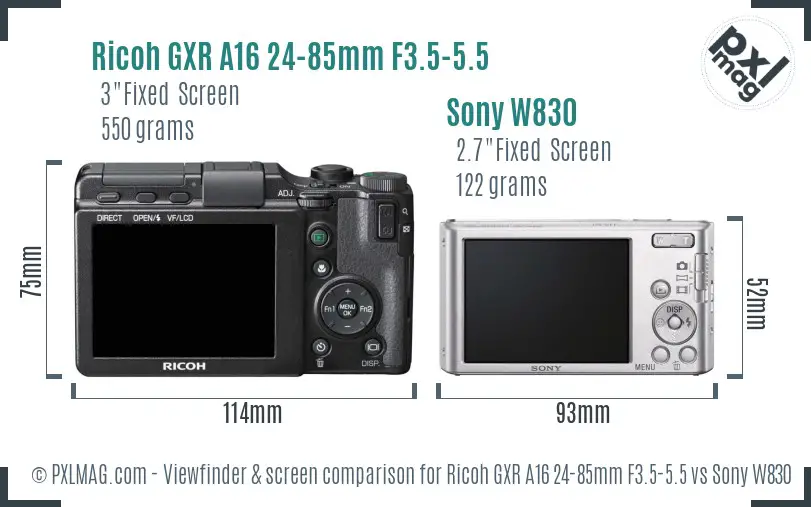Ricoh GXR A16 24-85mm F3.5-5.5 vs Sony W830 Screen and Viewfinder comparison