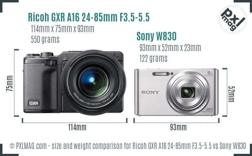 Ricoh GXR A16 24-85mm F3.5-5.5 vs Sony W830 size comparison