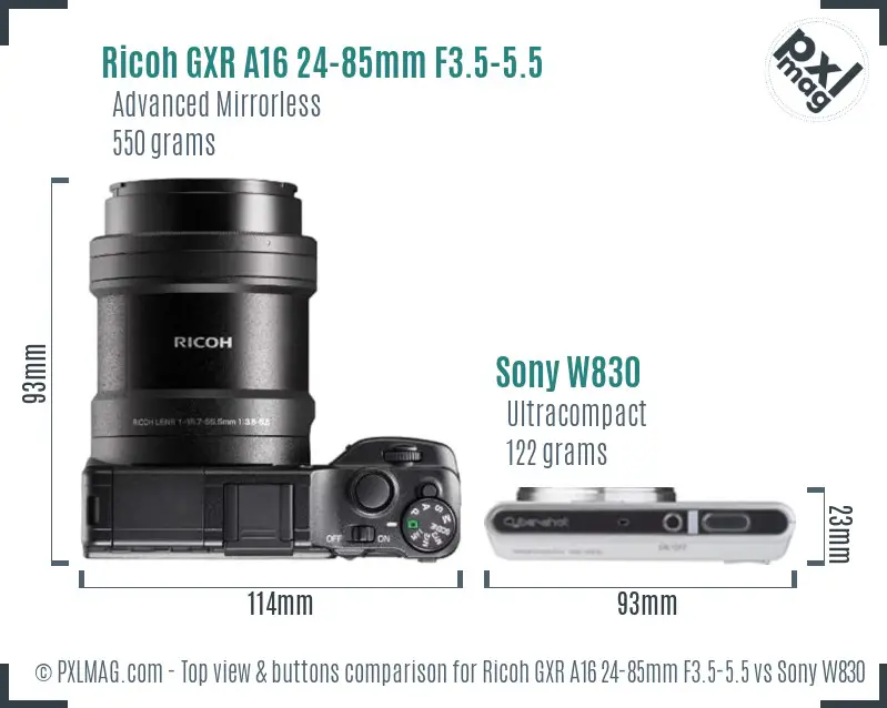 Ricoh GXR A16 24-85mm F3.5-5.5 vs Sony W830 top view buttons comparison