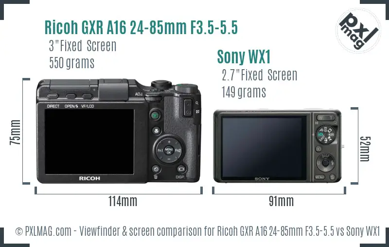 Ricoh GXR A16 24-85mm F3.5-5.5 vs Sony WX1 Screen and Viewfinder comparison