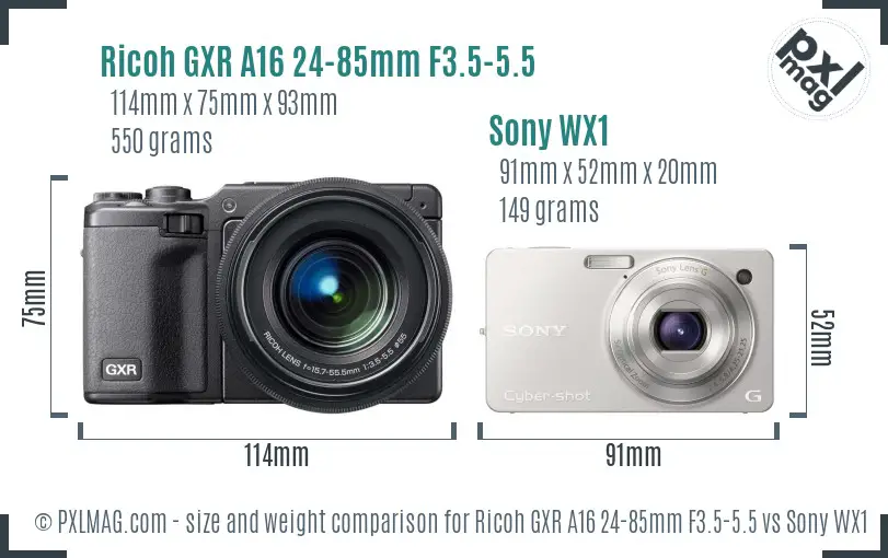 Ricoh GXR A16 24-85mm F3.5-5.5 vs Sony WX1 size comparison