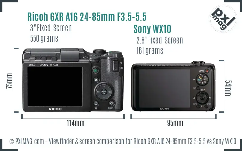 Ricoh GXR A16 24-85mm F3.5-5.5 vs Sony WX10 Screen and Viewfinder comparison