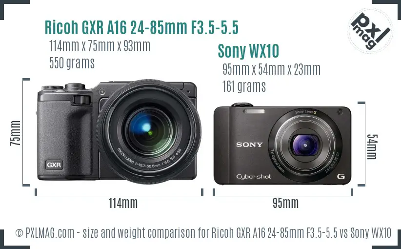 Ricoh GXR A16 24-85mm F3.5-5.5 vs Sony WX10 size comparison