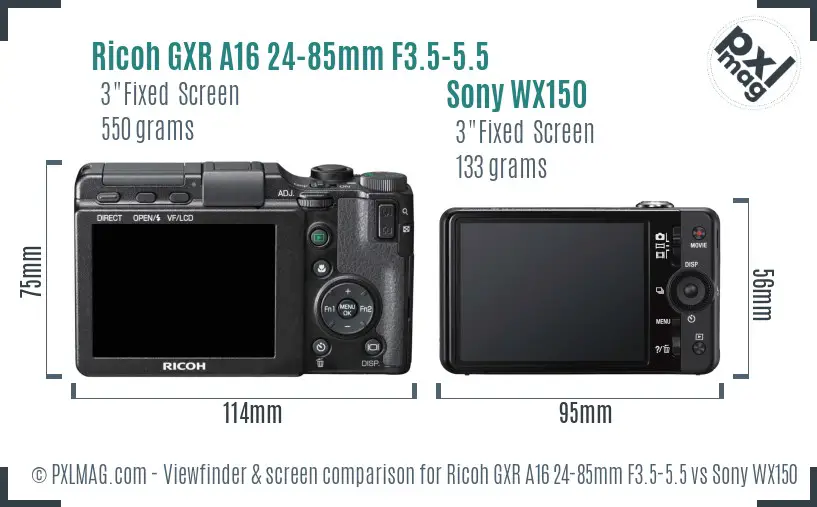 Ricoh GXR A16 24-85mm F3.5-5.5 vs Sony WX150 Screen and Viewfinder comparison