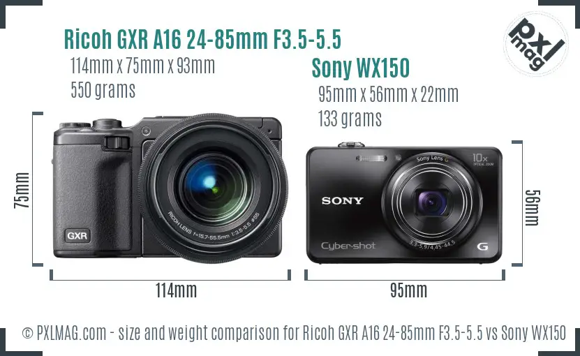 Ricoh GXR A16 24-85mm F3.5-5.5 vs Sony WX150 size comparison