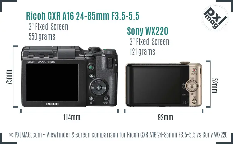 Ricoh GXR A16 24-85mm F3.5-5.5 vs Sony WX220 Screen and Viewfinder comparison