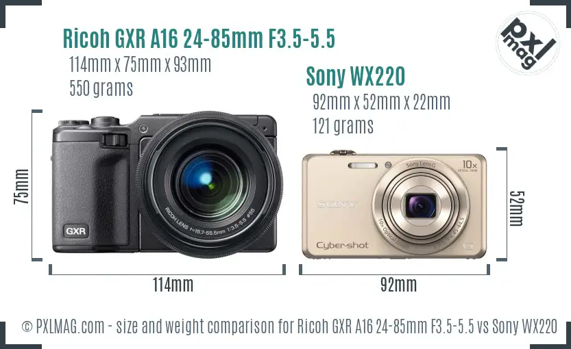 Ricoh GXR A16 24-85mm F3.5-5.5 vs Sony WX220 size comparison