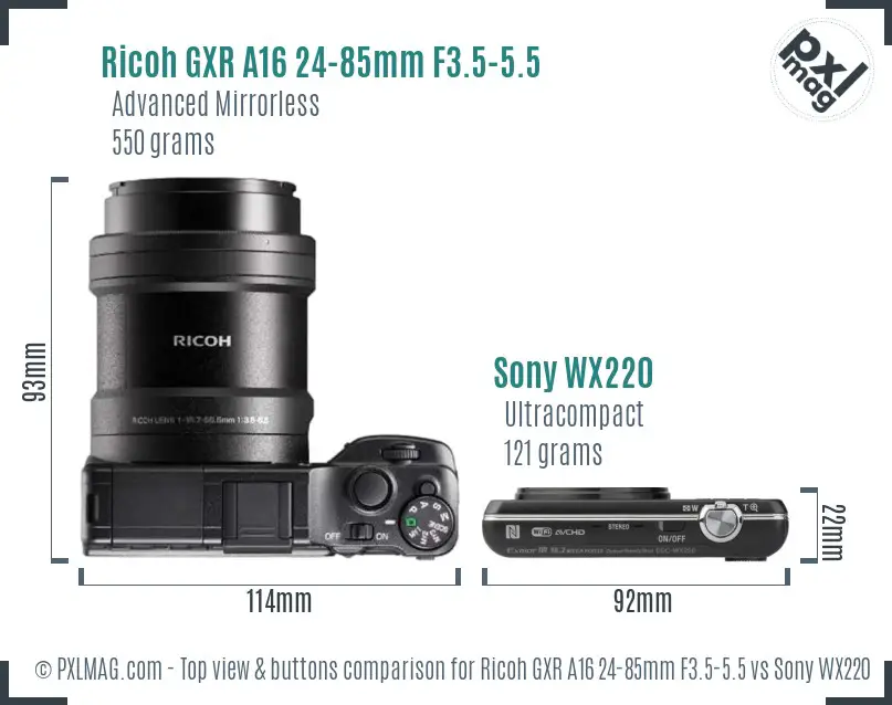 Ricoh GXR A16 24-85mm F3.5-5.5 vs Sony WX220 top view buttons comparison