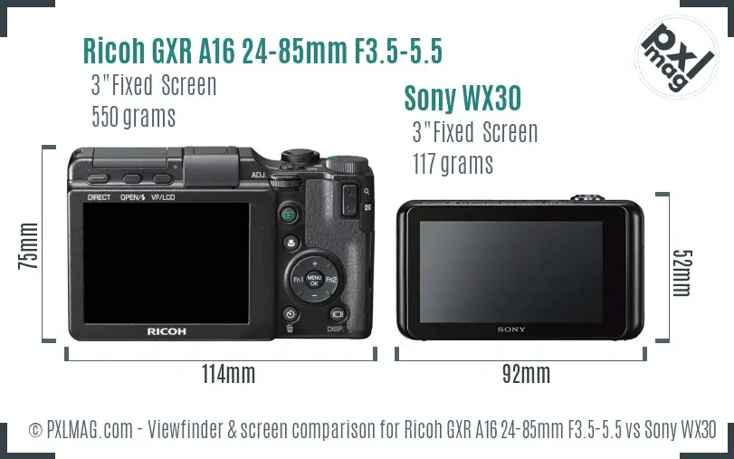 Ricoh GXR A16 24-85mm F3.5-5.5 vs Sony WX30 Screen and Viewfinder comparison