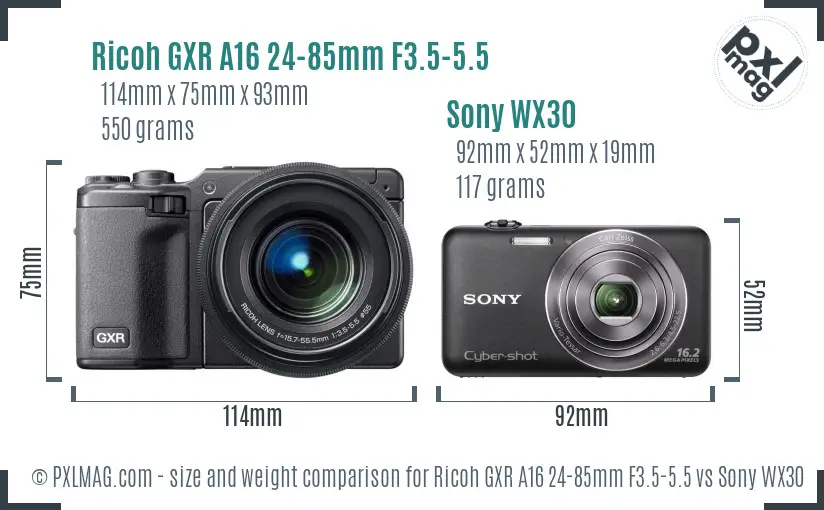Ricoh GXR A16 24-85mm F3.5-5.5 vs Sony WX30 size comparison
