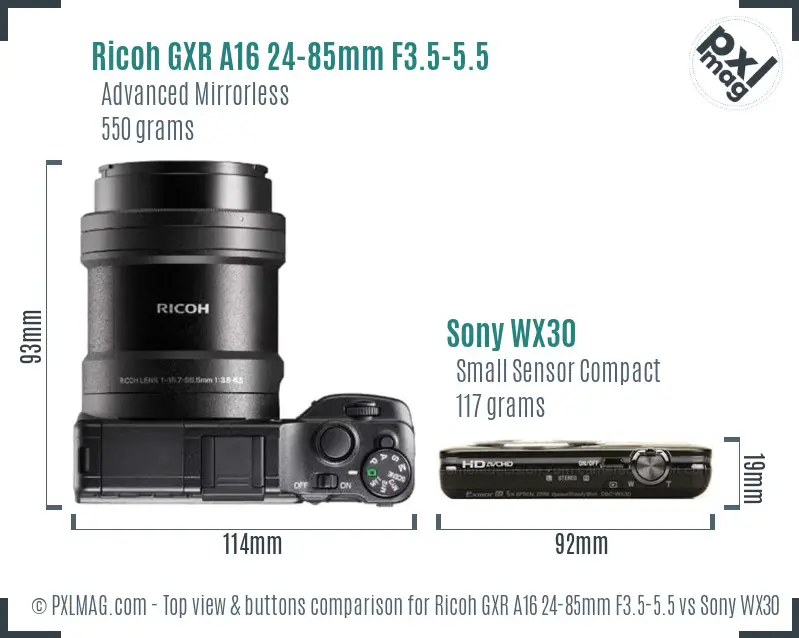 Ricoh GXR A16 24-85mm F3.5-5.5 vs Sony WX30 top view buttons comparison