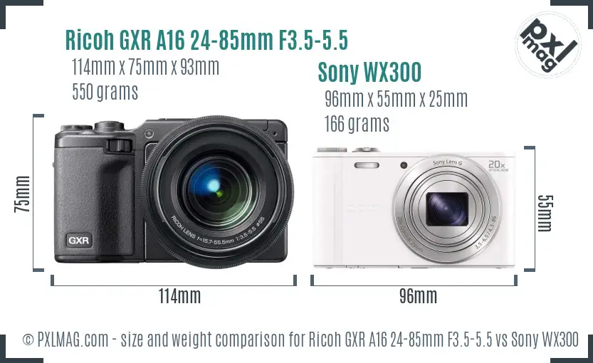 Ricoh GXR A16 24-85mm F3.5-5.5 vs Sony WX300 size comparison